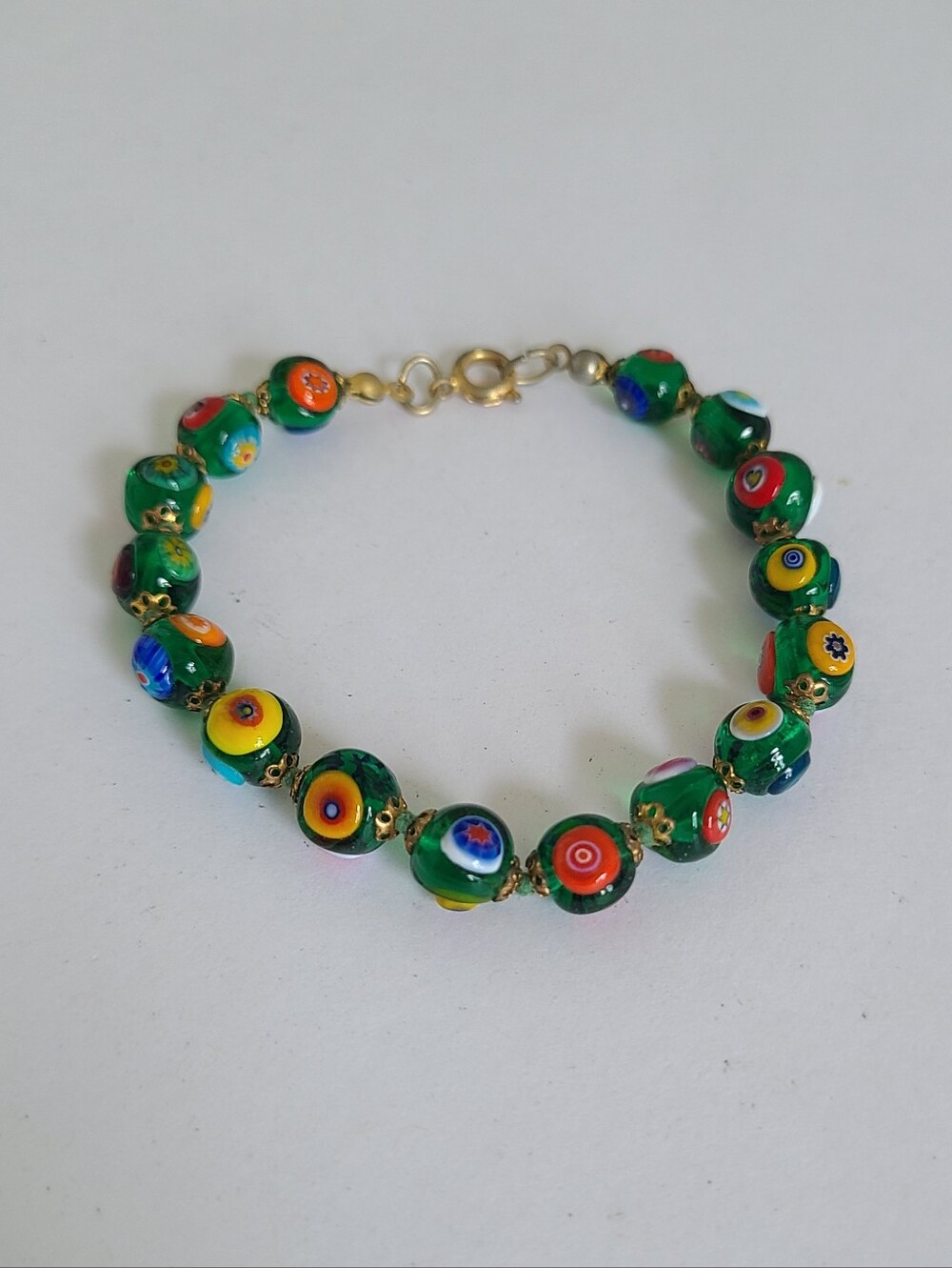 Vintage Glass of Venice Murano Green Glass Beaded Evil Eye Mosaic Bracelet
